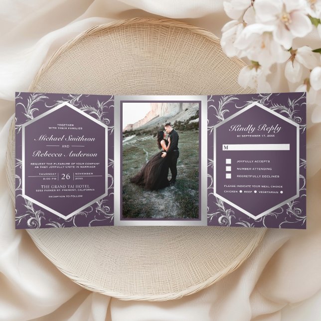 Dusty Purple Silver Flourish Swirl Wedding Photo Tri-Fold Invitation (Creator Uploaded)
