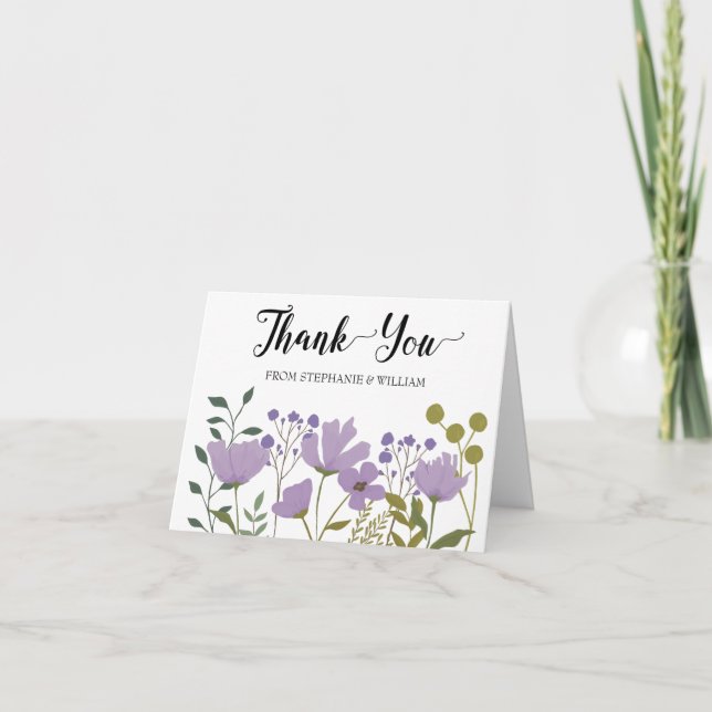 Dusty Purple Spring Floral Personalised Wedding Thank You Card (Front)