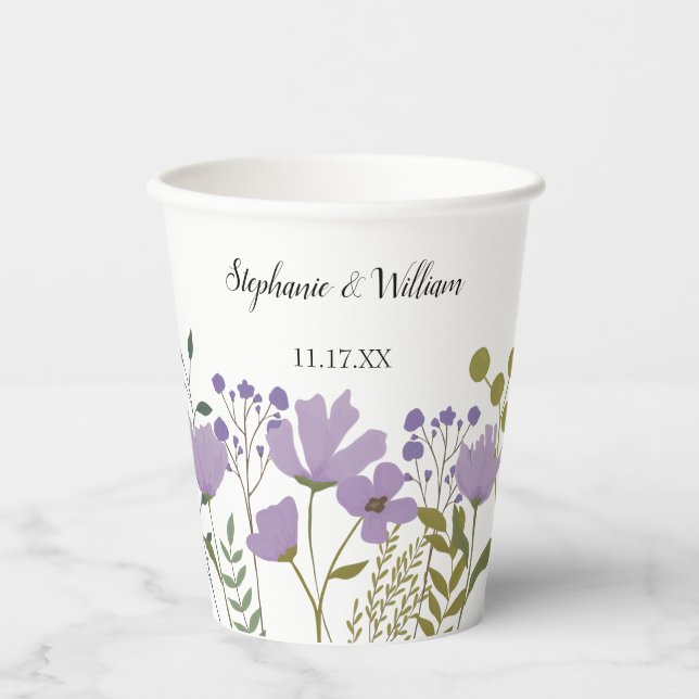 Dusty Purple Spring Floral Wedding Personalised Paper Cups (Front)
