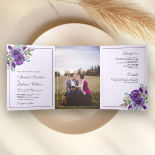 Dusty Purple Watercolor Floral Photo Wedding Tri-Fold Invitation