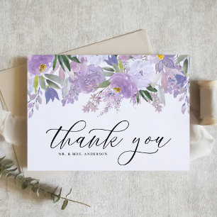 Dusty Purple Watercolor Flowers Garland Wedding Thank You Card