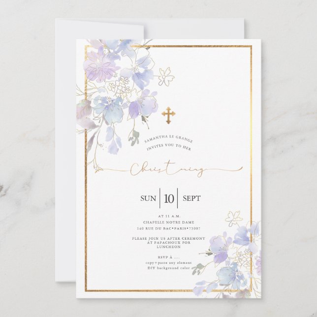 Dusty Purple Watercolor Sweet Peas Christening Invitation (Front)