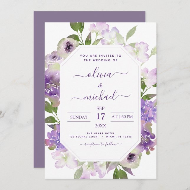 Dusty Purple Wedding Floral Greenery Invitation (Front/Back)