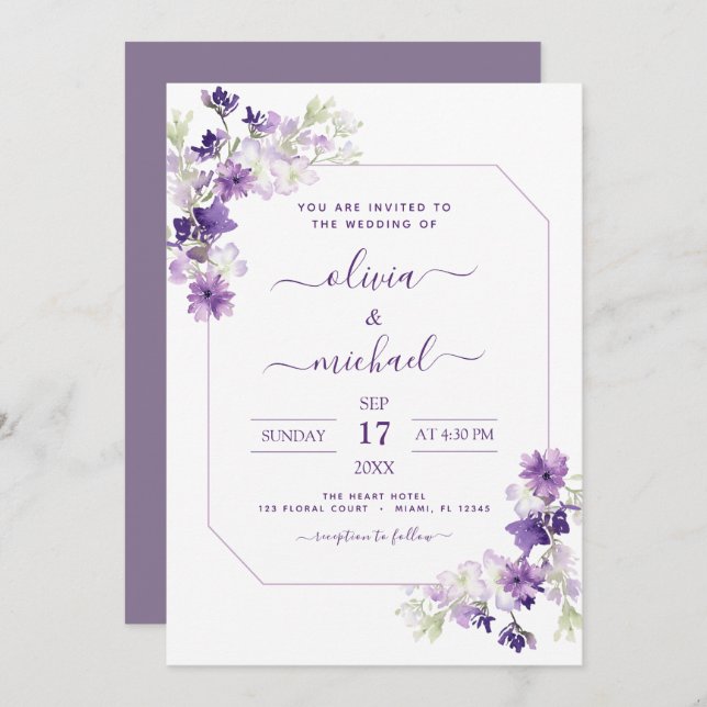 Dusty Purple Wedding Floral Greenery Invitation (Front/Back)