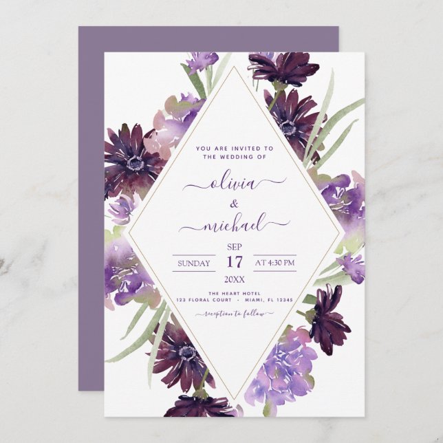 Dusty Purple Wedding Floral Greenery Invitation (Front/Back)