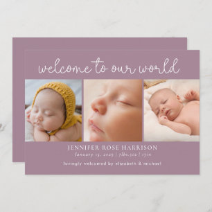 Dusty Purple Welcome Photo Collage Birth Announcement