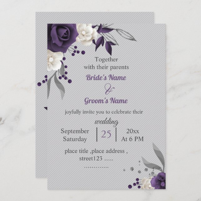 Dusty purple white floral grey wedding invitation (Front/Back)