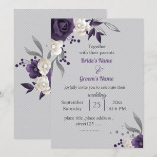 Dusty purple white floral grey wedding invitation