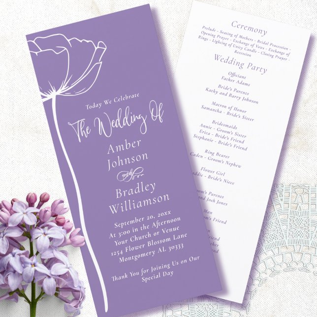 Dusty Purple White Floral Script Simple Wedding Program (Creator Uploaded)