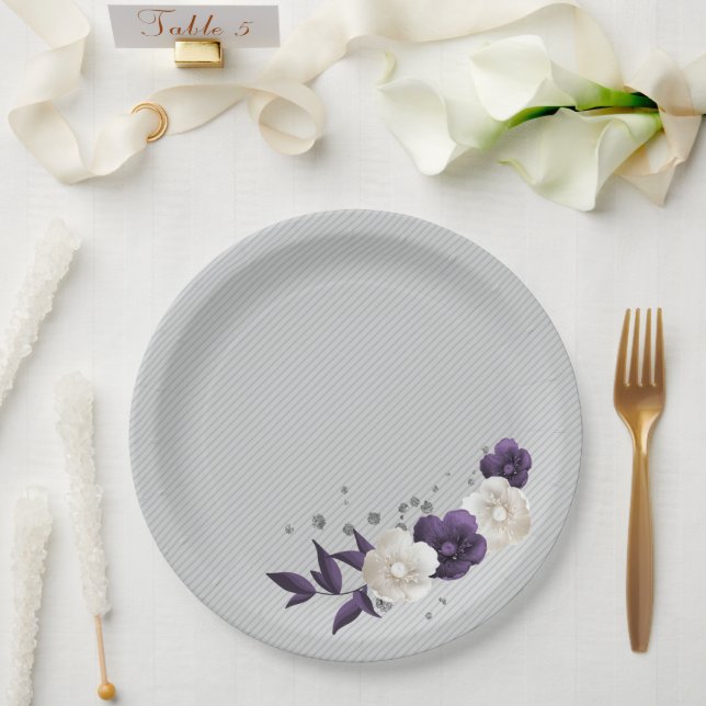 dusty purple white flowers botanical paper plate (Wedding)