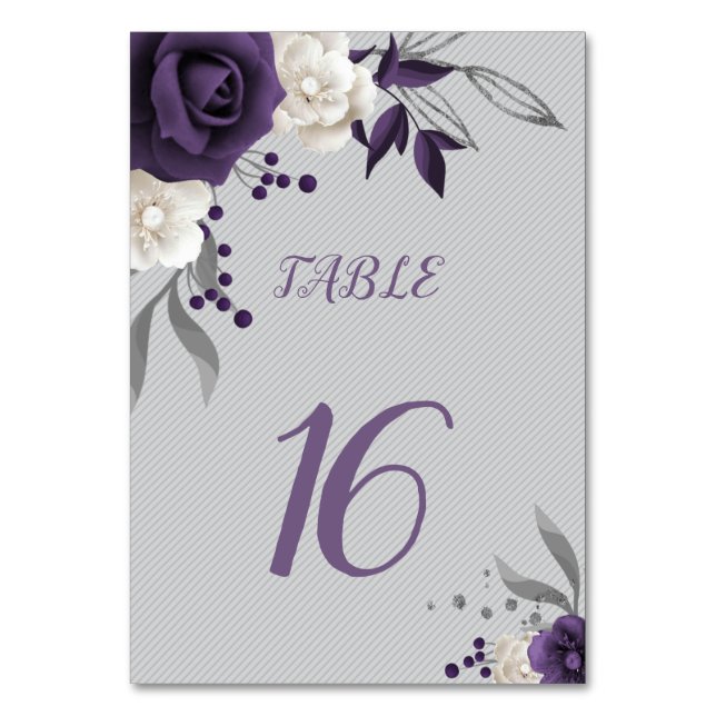 dusty purple white flowers botanical table number (Front)