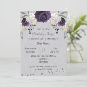 dusty purple & white flowers grey birthday invitation