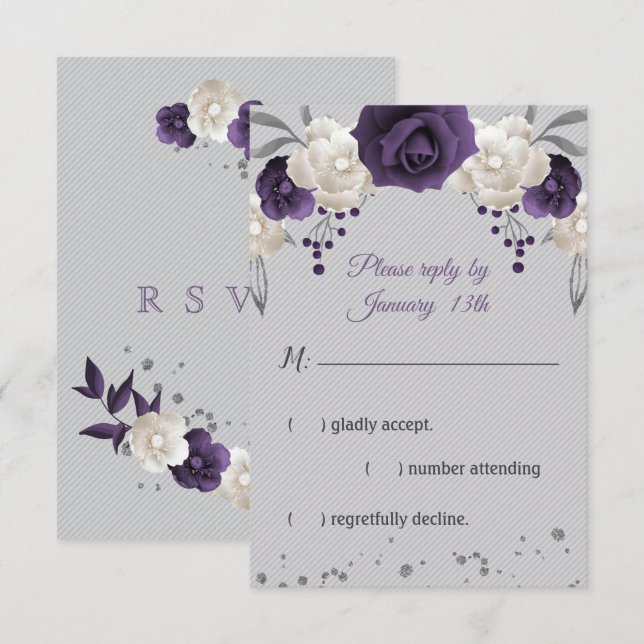 Dusty purple white flowers grey RSVP card (Front/Back)