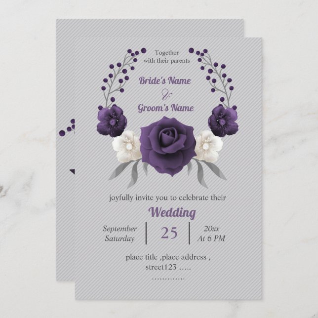 Dusty purple white flowers silver grey wedding invitation (Front/Back)