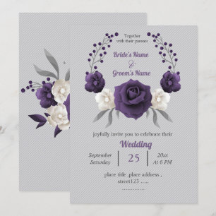 Dusty purple white flowers silver grey wedding invitation