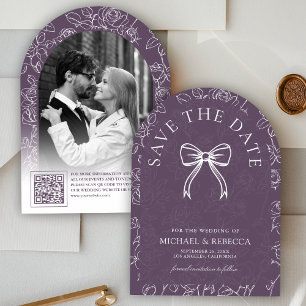 Dusty Purple White Line Art Bow Photo Wedding Save The Date