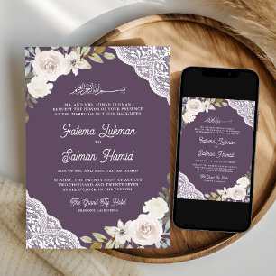 Dusty Purple White Roses Lace Muslim Wedding Invitation