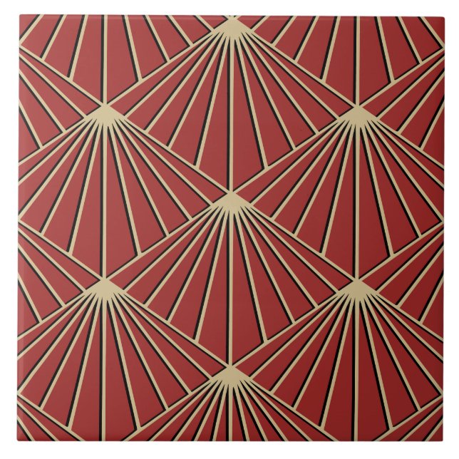 Dusty Red Art Deco Fan Pattern Diamond Ceramic Tile (Front)