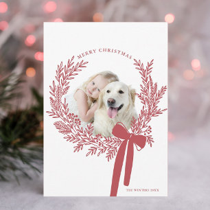 Dusty Red Christmas Wreath Minimal Photo Holiday Card