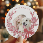 Dusty Red Christmas Wreath Photo Classic Round Sticker<br><div class="desc">Holiday photo sticker with a simple Christmas wreath. For more advanced customisation of this design,  please click the DESIGN TOOL BUTTON above!</div>