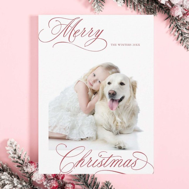 Dusty Red Merry Christmas Script Minimal Photo Holiday Card (Creator Uploaded)