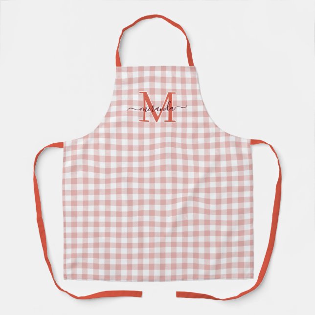 Dusty Red Plaid Apron with Monogram & Name (Front)