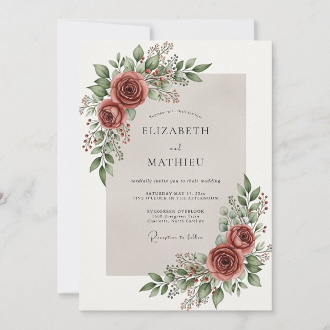 Dusty Red Romantic Botanical Wedding Invitation (Front)