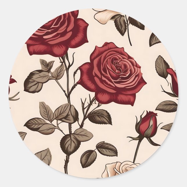 Dusty Red Rose Pattern Classic Round Sticker (Front)