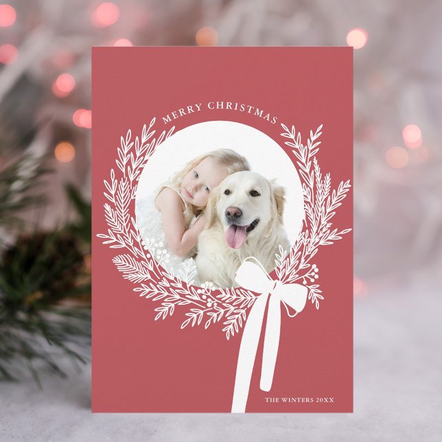 Dusty Red & White Christmas Wreath Minimal Photo Holiday Card (Creator Uploaded)
