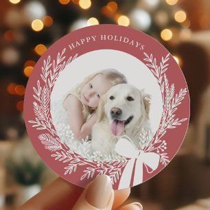 Dusty Red & White Christmas Wreath Photo Classic Round Sticker