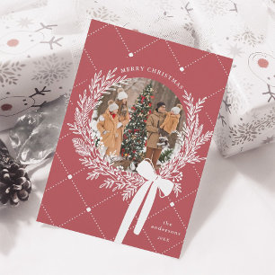 Dusty Red & White Christmas Wreath Photo  Holiday Card