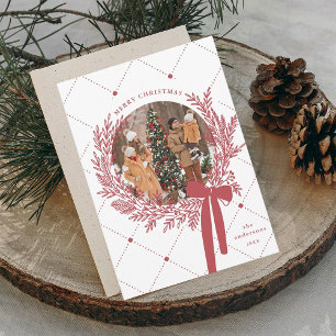 Dusty Red & White Christmas Wreath Photo  Holiday Card
