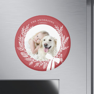Dusty Red & White Simple Christmas Wreath Photo  Magnet