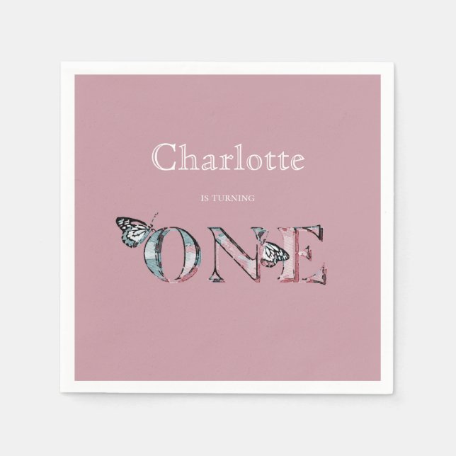 Dusty Rose 1st Birthday One with Butterflies Napkin (Front)