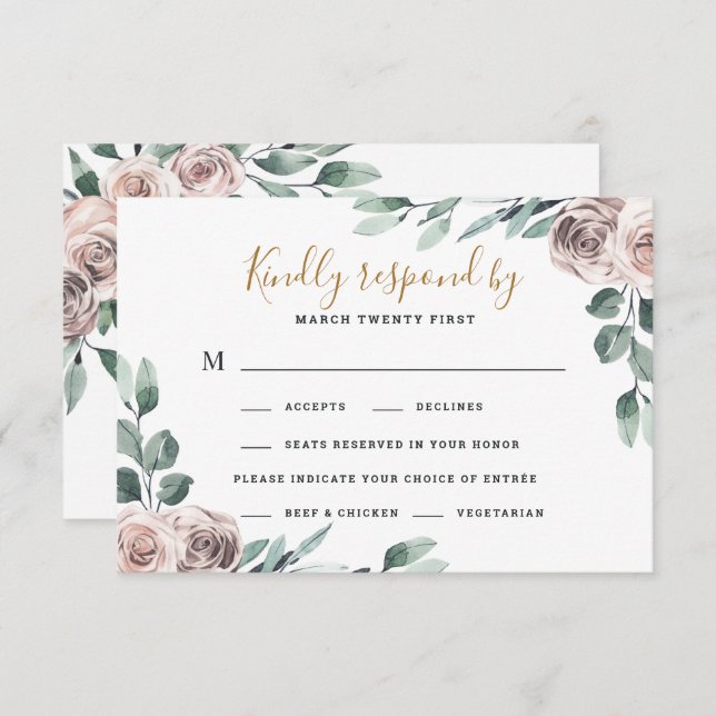 Dusty Rose 2 Meal Choice Greenery Floral Wedding RSVP Card (Front/Back)