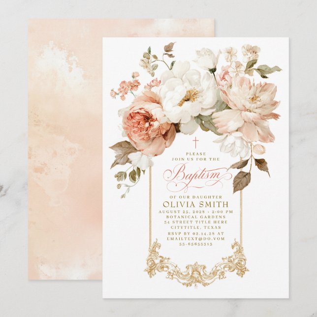 Dusty Rose and Beige Earthy Botanical Baptism Invitation (Front/Back)