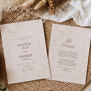 Dusty Rose and Beige Minimalist Embossed Wedding Invitation