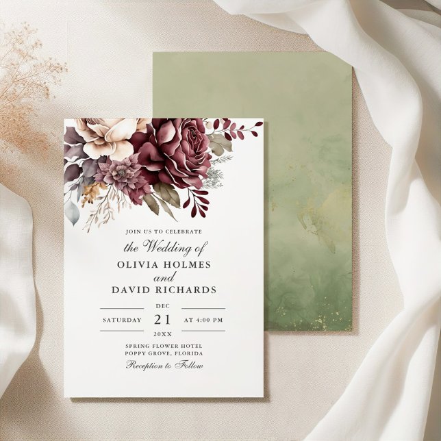 Dusty Rose and Burgundy Floral Boho Wedding  Invitation (Dusty Rose and Burgundy Floral Boho Wedding Invitation on a silk tablecloth)