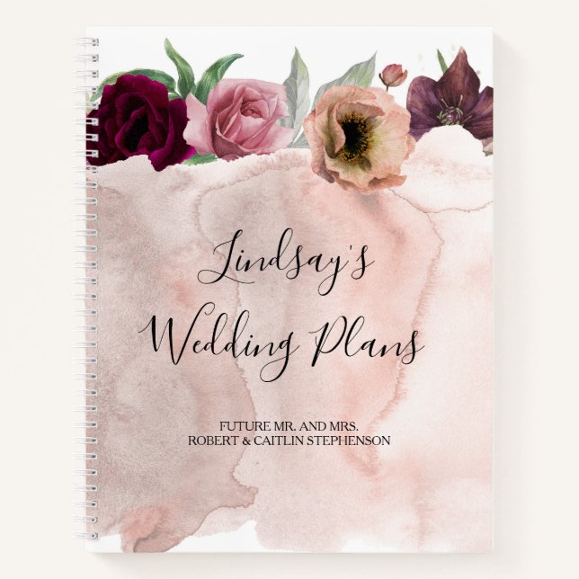 Dusty Rose and Burgundy Red Romantic Wedding Notebook (Front)