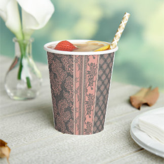 Dusty Rose and Charcoal Vintage Lace Wedding  Paper Cups