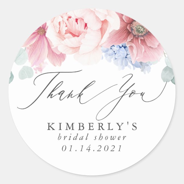 Dusty Rose and Dusty Blue Floral Thank You Classic Round Sticker (Front)