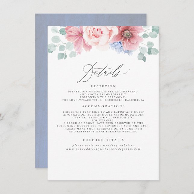 Dusty Rose and Dusty Blue Floral Wedding Details Enclosure Card (Front/Back)