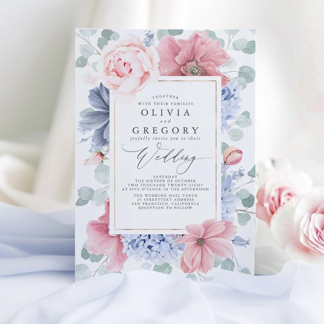 Dusty Rose and Dusty Blue Flowers Elegant Wedding Invitation (Dusty Blue and Dusty Pink Wedding Invitations)