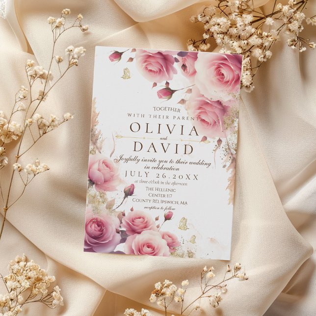 Dusty Rose and Gold Elegant Flower Wedding Invitation (Creator Uploaded)