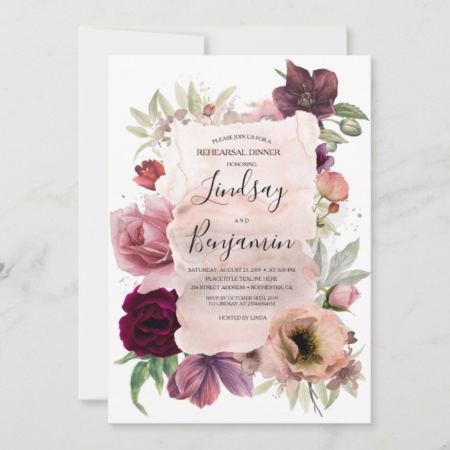 Dusty Rose and Marsala Red Floral Rehearsal Dinner Invitation (Front)