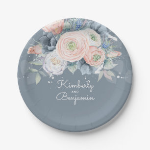 Dusty Rose and Pale Blue Floral Elegant Wedding Paper Plate