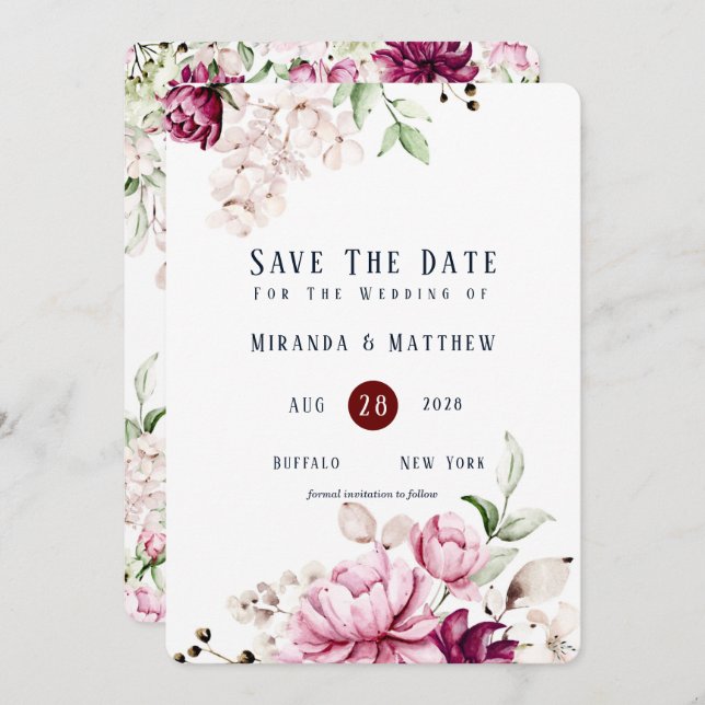 Dusty Rose and Pink Peony Save The Date Cards (Front/Back)