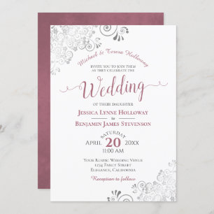 Dusty Rose and Silver Lace Formal White Wedding Invitation