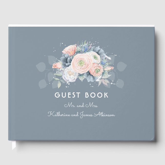 Dusty Rose and Slate Blue Floral Wedding Guest Book (Front)