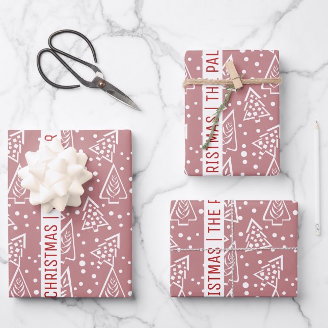 Dusty rose and white Christmas trees and name Wrapping Paper Sheet (Front)
